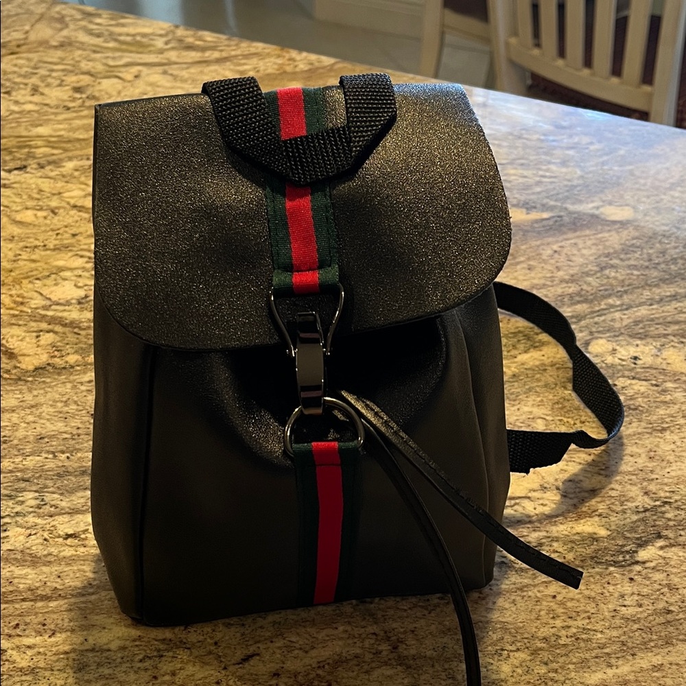 Stylish Mini Black Backpack with Red and Green Stripes NWOT - Picture 6 of 9